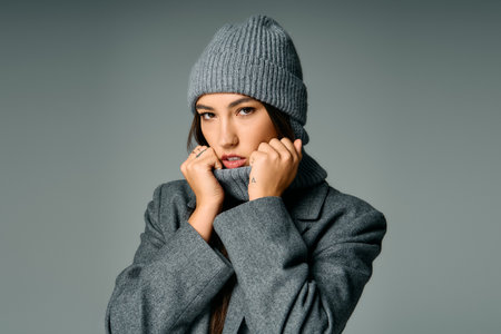 A young and attractive woman models fashion in a cozy gray outfit while showcasing her style.の写真素材