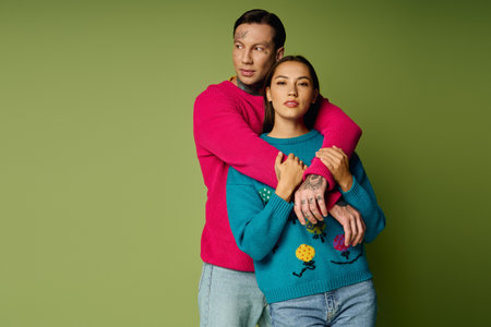 A pair of young adults share a warm embrace while dressed in bright sweaters.