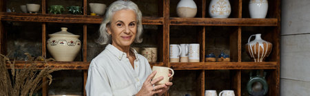 The elegant woman smiles softly while showcasing her handmade ceramic cup, surrounded by pottery.