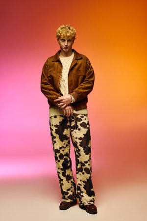 Standing confidently, a man showcases a unique holiday fashion look for Christmas 2025.の写真素材