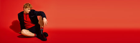 A fashionable man is seated against a vibrant red backdrop, wearing a trendy outfit perfect for the holiday season.の写真素材