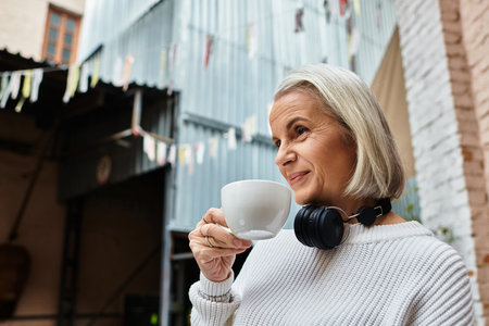 A mature woman with gray hair sips coffee and embraces a moment of relaxation outdoors.