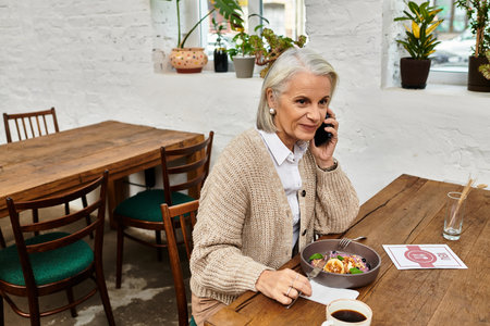 A beautiful gray haired woman engages in a phone call while dining in a warm cafe.の写真素材