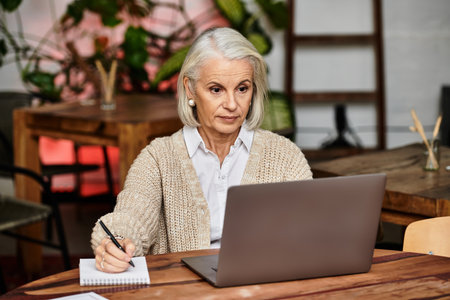 A thoughtful woman with gray hair takes notes while working on her laptop in a cozy workspace.の写真素材
