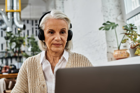 A mature woman with gray hair listens attentively during her virtual gathering in a warm atmosphere.の写真素材