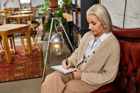 A mature woman reflects in a comfortable cafe, jotting down her thoughts on a notepad.の写真素材