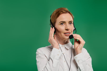 A professional woman wearing a white shirt actively communicates through a headset, embodying call...