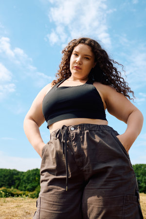 A beautiful woman embraces her curves, enjoying a peaceful moment in natures embrace.の写真素材