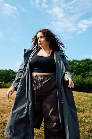 A confident woman embraces nature as she strolls through a sunlit field, showcasing her style.の写真素材