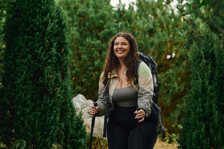 A cheerful plus size woman walks through a lush forest, embracing natures beauty and adventure.の写真素材