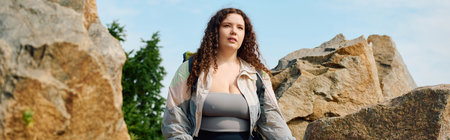 A radiant plus size woman stands gracefully in a lush field, embracing natures beauty.の写真素材