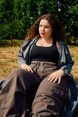 A beautiful plus size woman relaxes in a sunlit field, surrounded by the beauty of nature.の写真素材