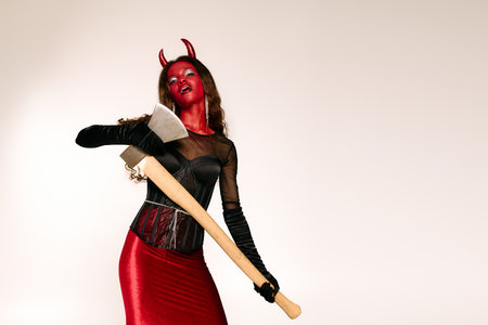 A stunning woman in a devil costume wields an axe, exuding a captivating confidence.の写真素材