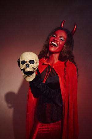 A woman dressed as a devil joyously holds a skull, embracing the Halloween spirit.