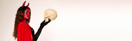 A captivating woman in a red devil costume elegantly raises a skull, embodying Halloween spirit.の写真素材