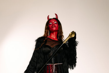The striking figure captivates with her devil inspired costume, showcasing alluring details.