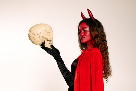 Dressed in a striking devil costume, a woman showcases her Halloween spirit by holding a skull.
