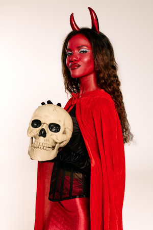 A stunning woman in a bright Halloween costume poses confidently with a skull.