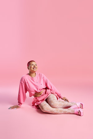 In a studio adorned with soft pink, a young woman with short pink hair showcases her unique fashion sense.の写真素材