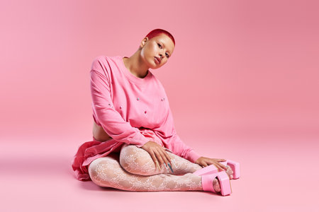A stylish young woman with pink hair poses confidently in a vibrant pink studio, exuding creativity.の写真素材