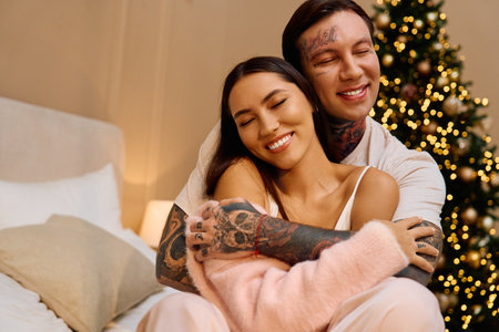 A loving couple enjoying each others warmth, surrounded by a beautifully decorated tree.の写真素材