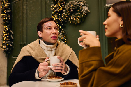 Charming couple shares intimate moments over warm drinks while surrounded by festive decor