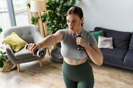 A sporty young woman exercises indoors with dumbbells, focused on her strength training routine at home.の写真素材