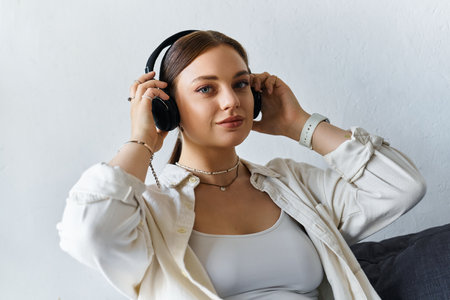 A young woman listening to music through headphones.