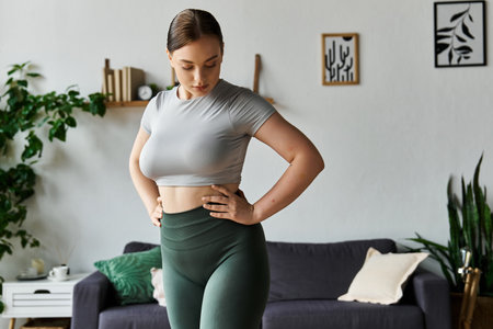 A young sportive woman practices a home workout routine, donning a crop top and leggings while focused.の写真素材