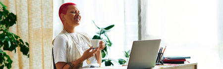 The young woman smiles contentedly, sipping her drink in a bright home office filled with greenery.