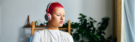 A young woman with striking red hair immerses herself in music, enjoying a tranquil moment indoors.