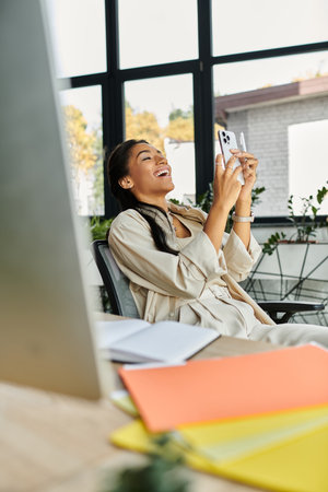 A young, beautiful woman laughs while using her phone in a cozy office filled with greenery.の写真素材