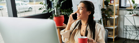 A young, beautiful woman engages in a phone conversation while sipping coffee at her desk.の写真素材