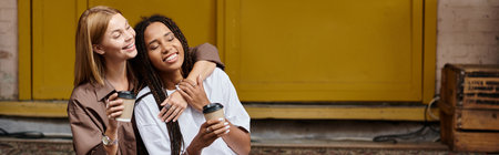 An African American woman with braids smiles warmly at her girlfriend in a charming cafe setting.の写真素材