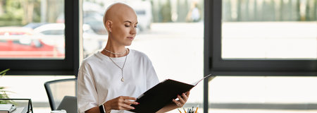 A young bald woman dressed elegantly studies a document, deep in thought, in a stylish office.