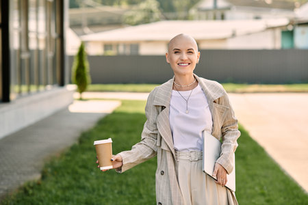 A confident young bald woman smiles while holding coffee and a notebook in the sunlight.の写真素材