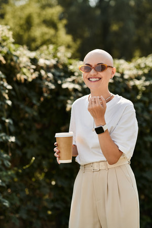 A young bald woman dressed elegantly sips her drink while smiling in lush surroundings.の写真素材