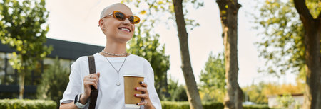 The woman smiles brightly while holding a coffee cup, dressed elegantly amidst greenery.の写真素材