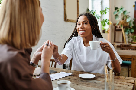 A smiling African American woman shares a warm moment with her girlfriend over coffee in a cozy cafe.の写真素材