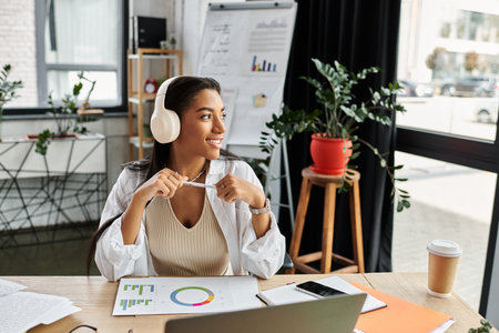 In a bright office, a young woman smiles while brainstorming ideas and analyzing data.の写真素材