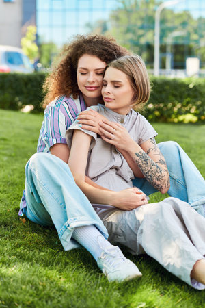 Two young women sit close in a grassy park, sharing moments of joy and connection.の写真素材