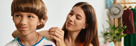 A caring mother helps her little boy with hearing impairment in a warm and inviting space.の写真素材