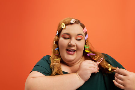 This cheerful plus size woman styles her hair with bright clips that showcase her fun vibe.