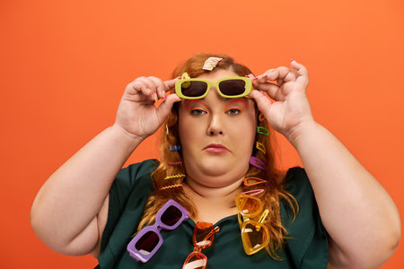This confident woman poses with various colorful sunglasses, radiating joy and personality.の写真素材