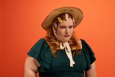 A confident plus size woman stands with flair, adorned with colorful clips and a straw hat.の写真素材