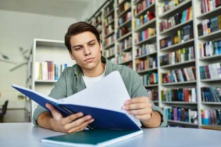 A focused student engages with study materials in a lively, inviting library.