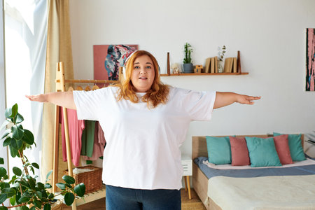 A plus size woman smiles while standing with arms open wide, celebrating her body in a warm space.の写真素材