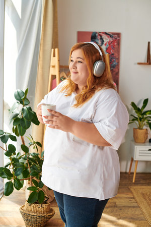 A cheerful plus size woman relaxes with a drink, headphones on, surrounded by indoor plants.