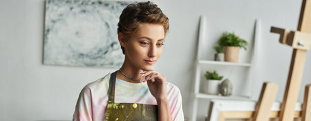 A young woman with short hair enjoys painting at home, showcasing her passion for art and...