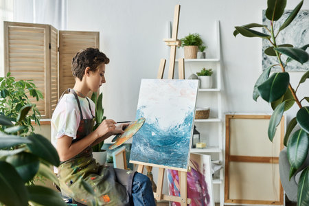 A young woman creates an ocean-inspired artwork at home, enjoying her artistic hobby while surrounded by plants.の写真素材